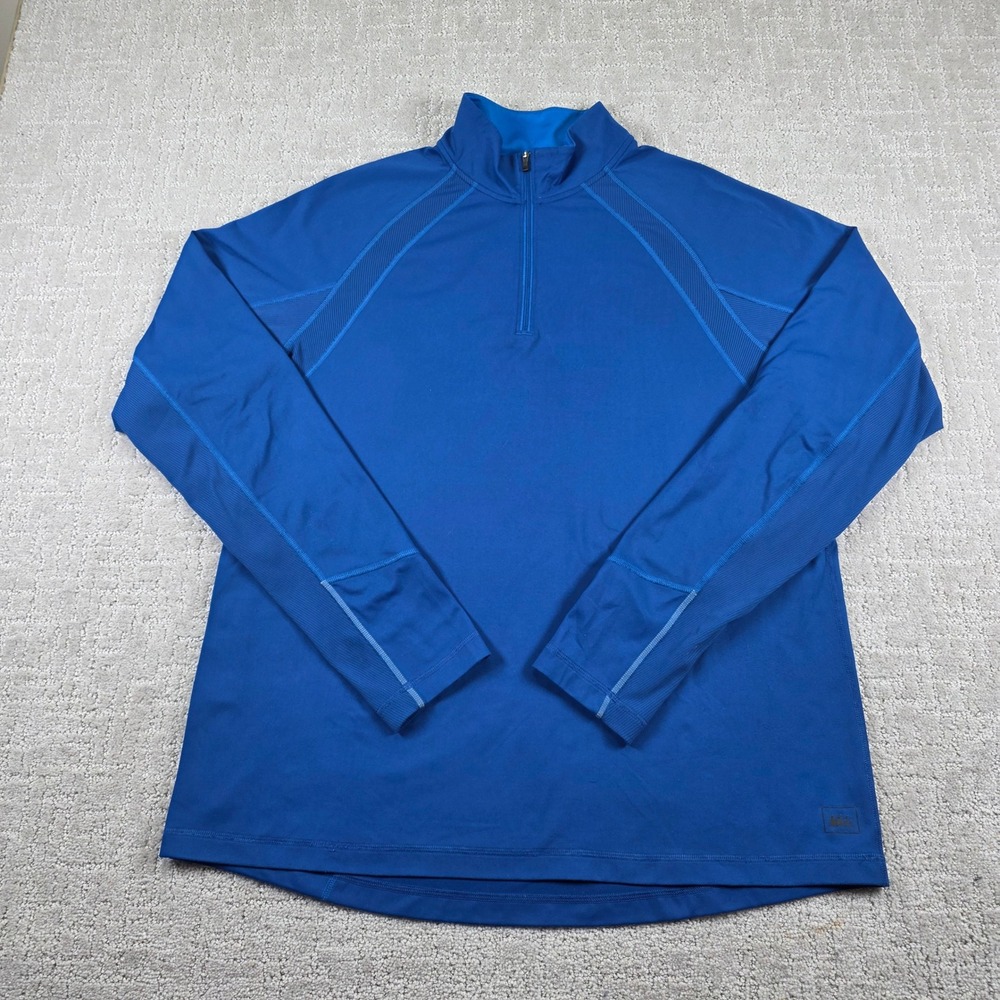 REI Mens XL Blue Quarter Zip Pullover Long Sleeve Active Jacket Thumbholes *Flaw